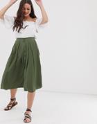 Asos Design Floaty Midi Skirt With Button Front-green