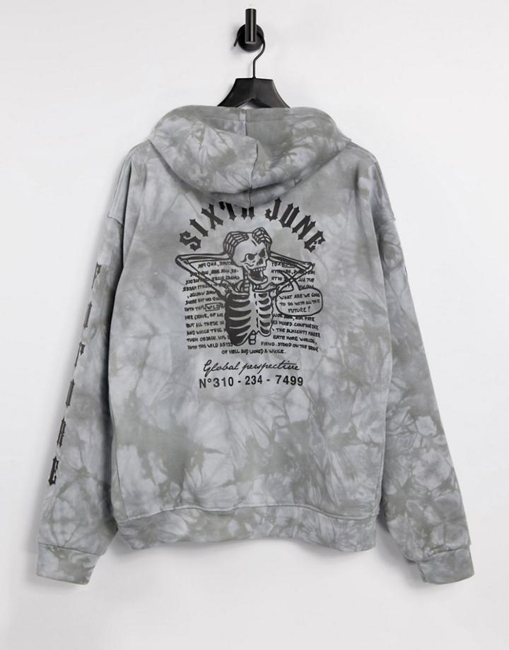 Sixth June Custom Back Print Tie Dye Oversize Hoodie In Gray-black