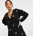 Asos Design Petite V-neck Mini Smock Dress With Silver Bug Embroidery-black