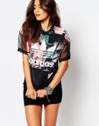 Adidas Originals Oversized T-shirt With Trefoil Logo & Sheer Mixed Floral
