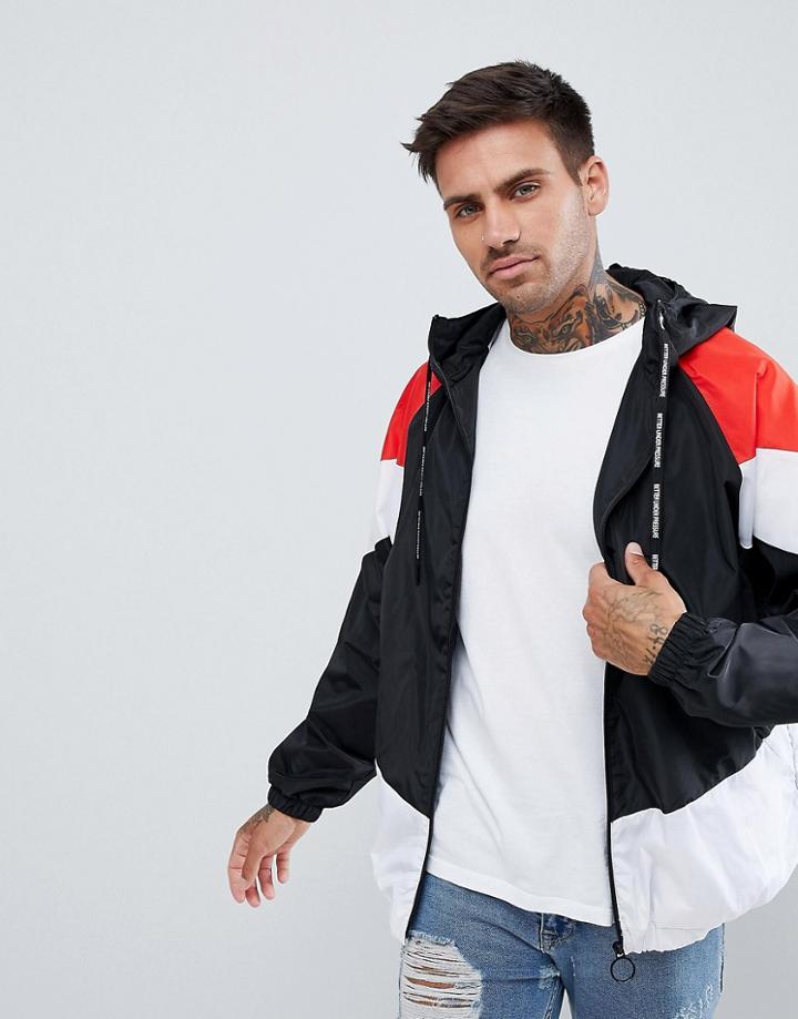 Pull & Bear Windbreaker With Hood In Black Colourblock - Black