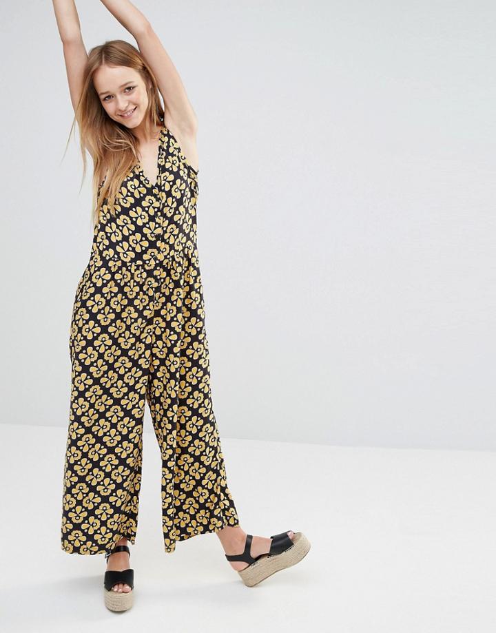Monki 70s Printed Culotte Jumpsuit - Black