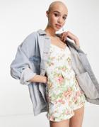 Asos Design Cupped Scuba Romper With Ruffle Hem In Floral Print-multi