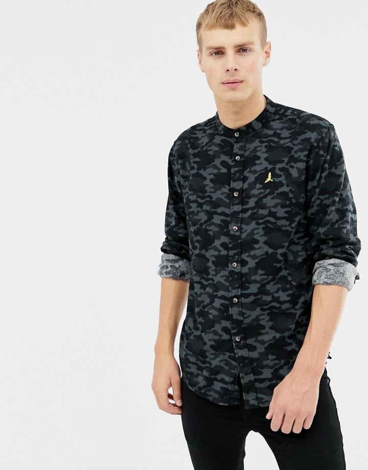 Brave Soul Dark Camo Grandad Collar Flannel Shirt - Gray