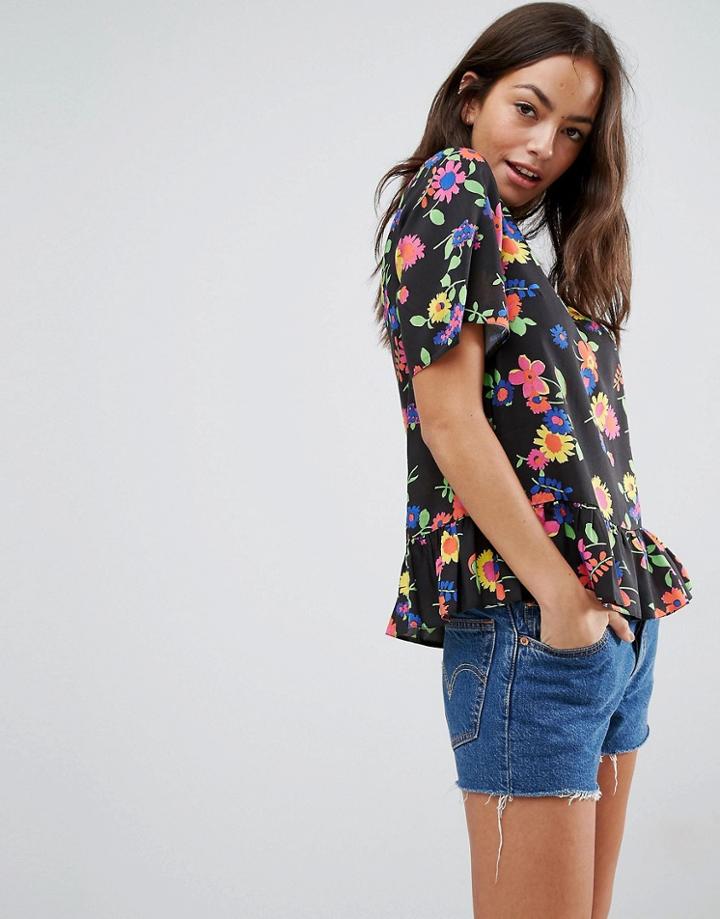 Asos T-shirt In Bright Floral With Ruffle Hem - Multi