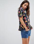Asos T-shirt In Bright Floral With Ruffle Hem - Multi