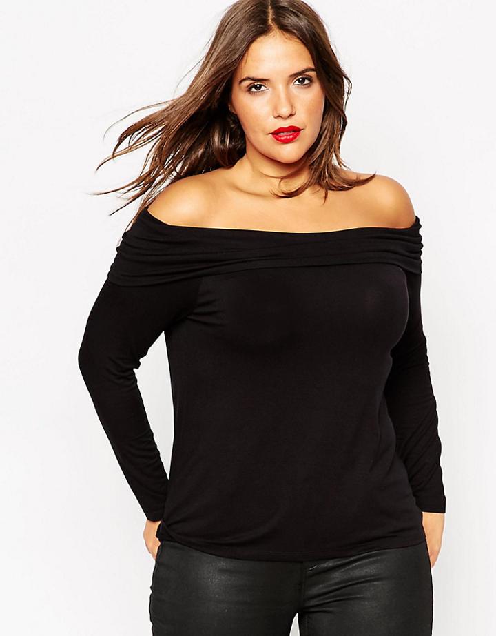 Asos Curve Bardot Off Shoulder Top With Long Sleeves - Black