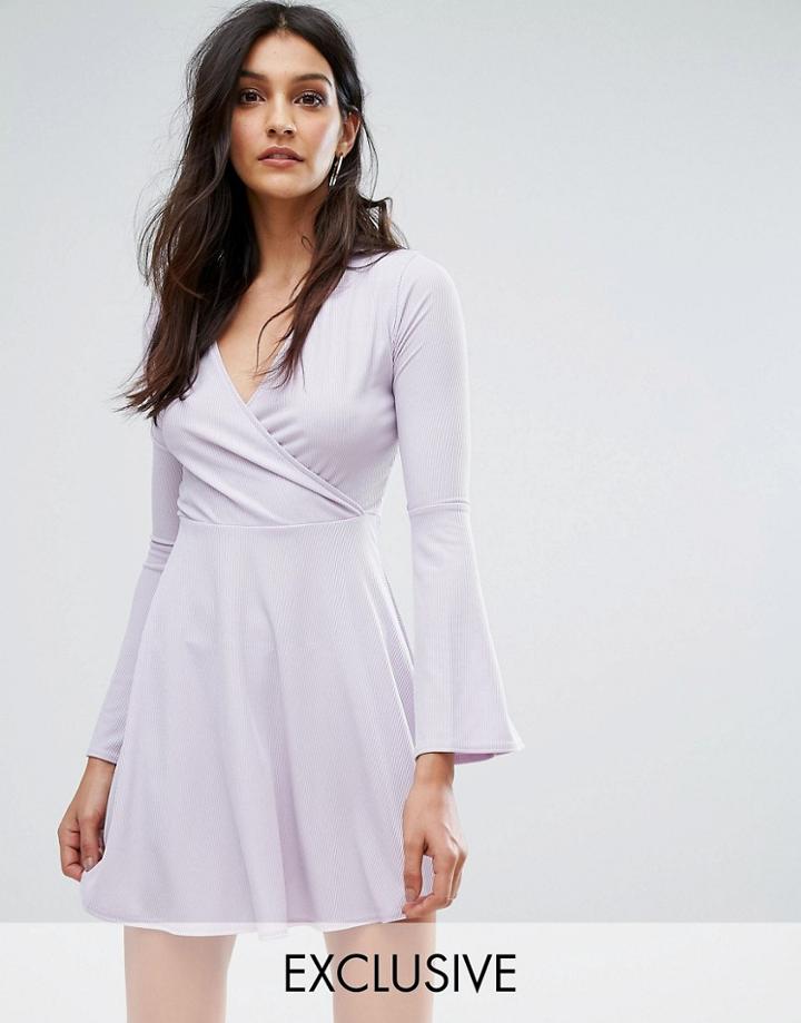 Club L Wrap Front Slinky Rib Skater Dress - Purple