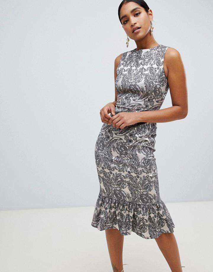 Vepser Paisley Sleeveless Frill Hem Midi Dress - Silver