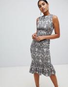 Vepser Paisley Sleeveless Frill Hem Midi Dress - Silver