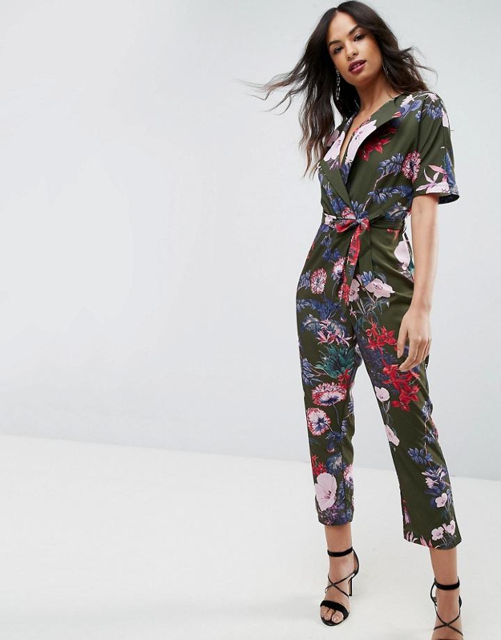 Asos Wrap Jumpsuit With Self Belt In Print - Multi