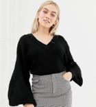 Brave Soul Petite Harrio V Neck Sweater With Wide Sleeves - Black