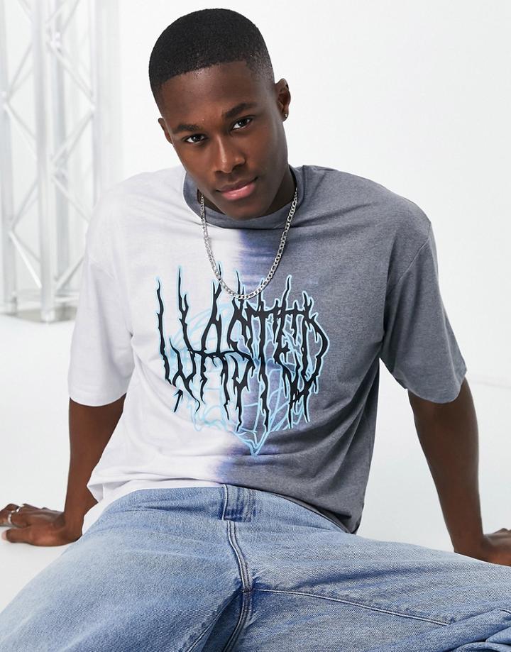 Jack & Jones Originals Oversized T-shirt With Wasted Print In White Blue Ombre-navy