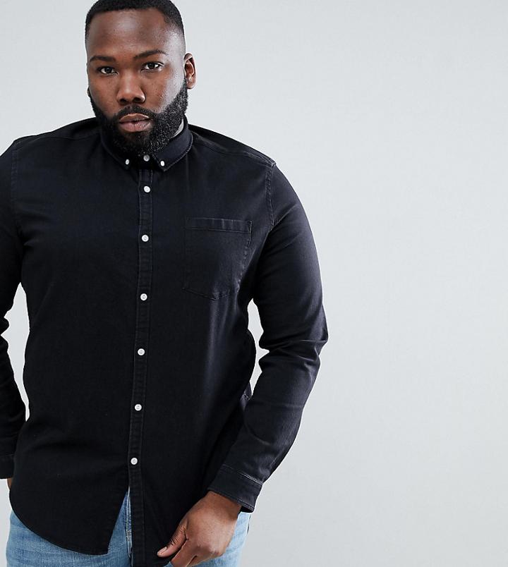 Asos Design Plus Stretch Slim Denim Shirt In Black - Black