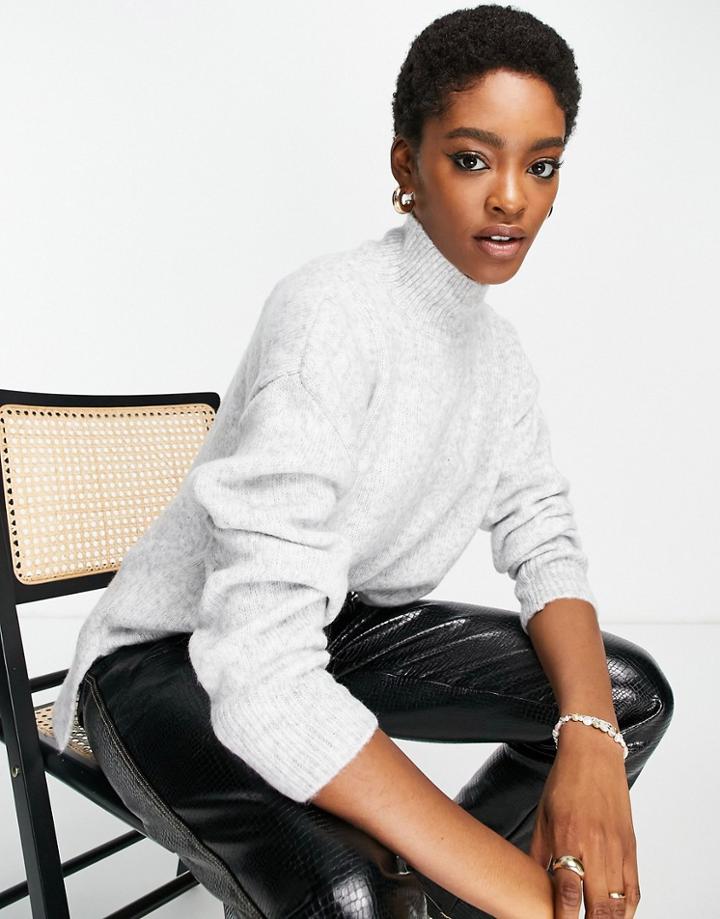 Topshop Soft Knit Sweater With Funnel Neck In Gray Heather-grey