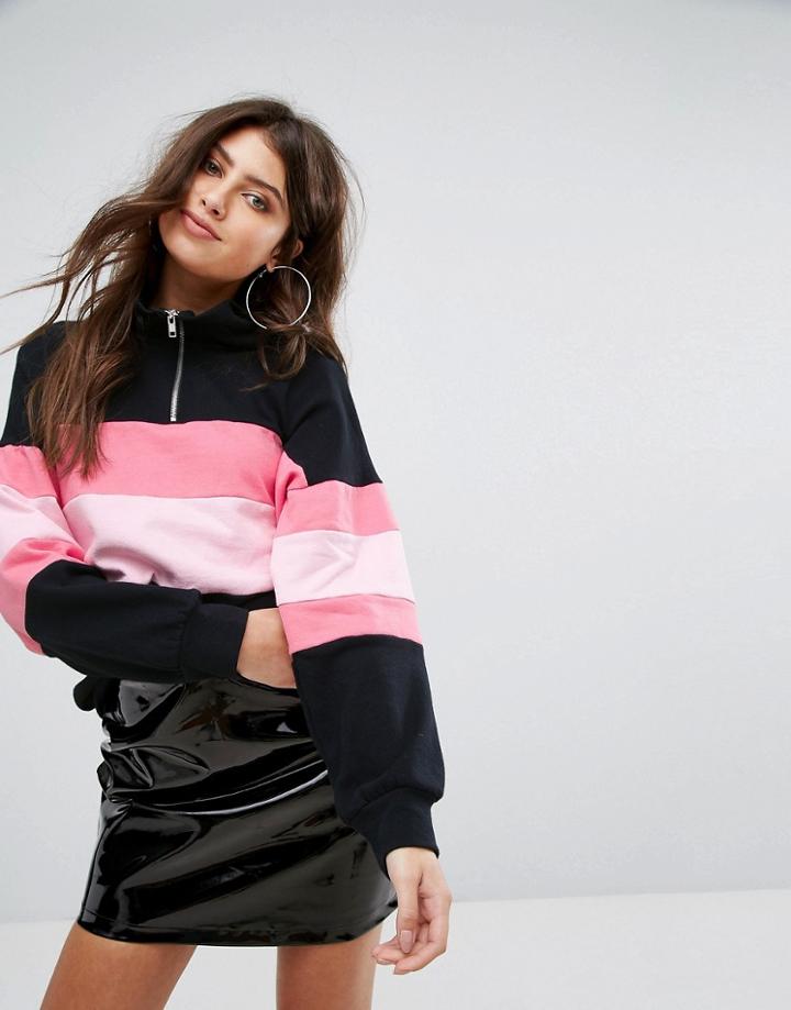 Prettylittlething Zip Collar Stripe Top - Black