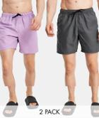 Asos Design 2 Pack Swim Shorts In Purple And Charcoal Mid Length Save-multi