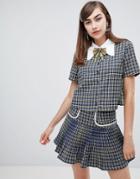 Sister Jane Button Up Shirt With Embellished Ribbon Tie In Check Two-piece - Blue