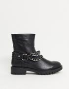 Glamorous Flat Biker Boots With Chain Detail In Black
