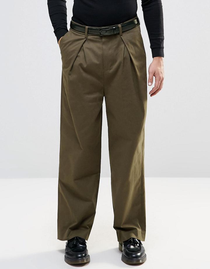 Asos Wide Leg Smart Pants In Khaki - Green