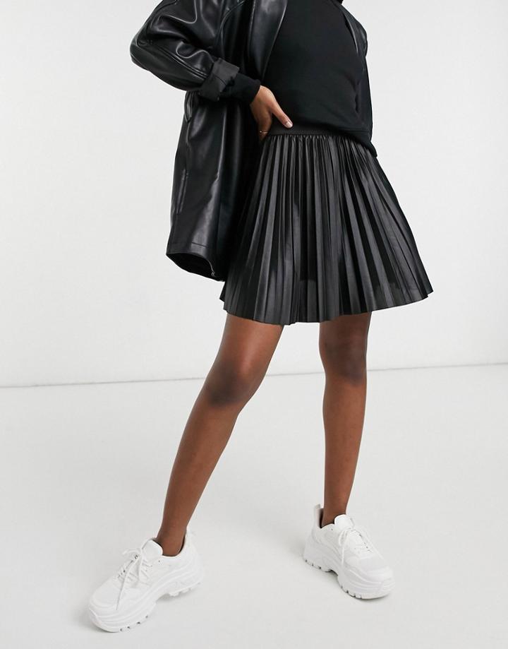 Vila Leather Look Pleated Mini Skirt In Black