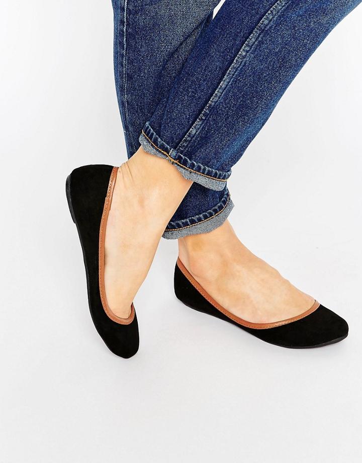 London Rebel Contrast Trim Ballerina Shoes - Black