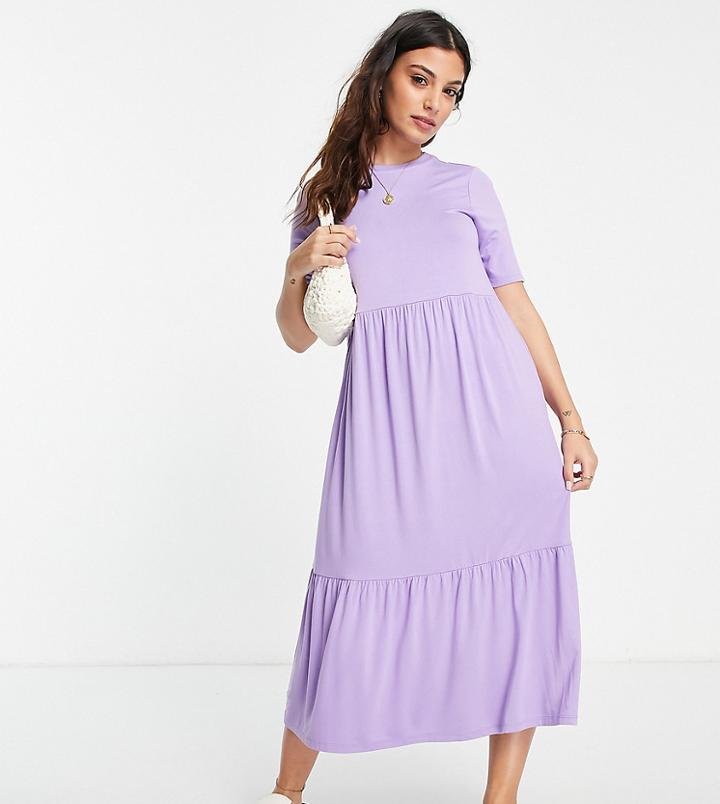 Asos Design Petite Tiered Smock T-shirt Midi Dress In Dark Lilac-purple