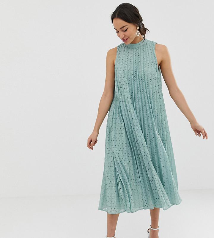 Asos Design Tall High Neck Pleated Broderie Midi Swing Dress-green
