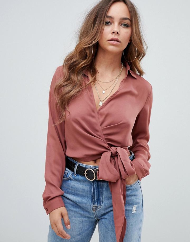 Prettylittlething Wrap Tie Waist Blouse In Pink - Pink