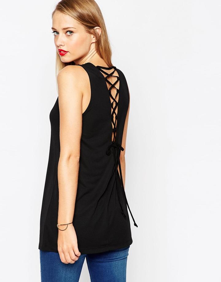 Asos Tunic In Crepe With Lace Up Back - Black