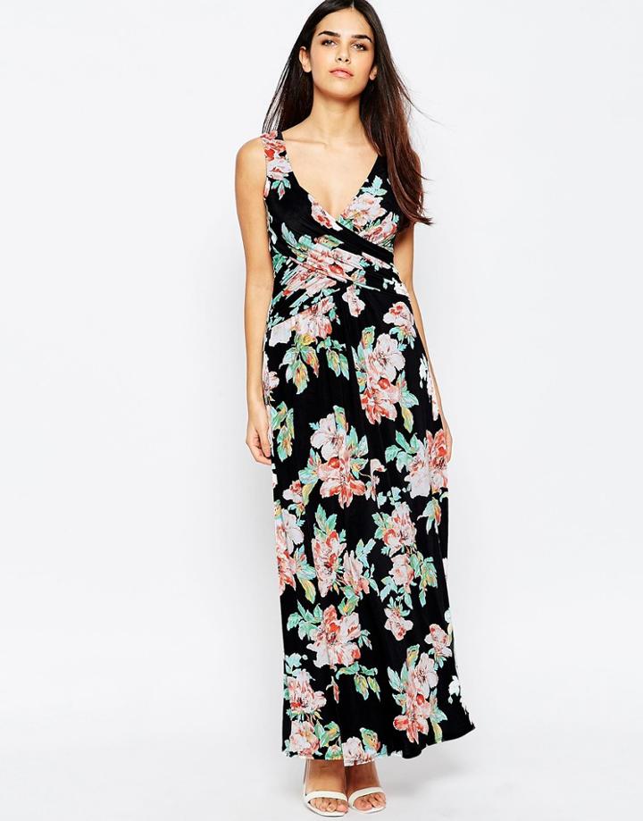 City Goddess Cross Front Maxi Dress In Floral - Black Floral