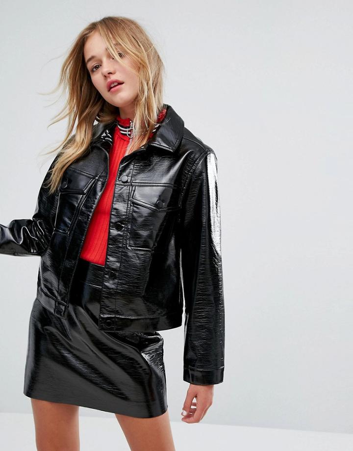 Monki Patent Boxy Coat - Black