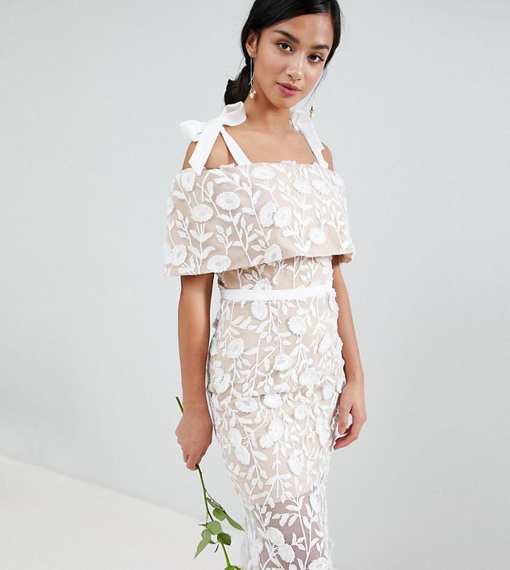 Jarlo Petite All Over Embroidered Lace Maxi Dress With Tie Shoulder Detail - White