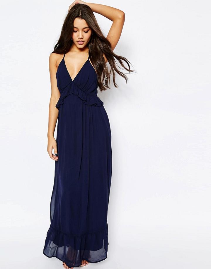 Asos Woven Cami Maxi Dress With Frill Detail - Navy