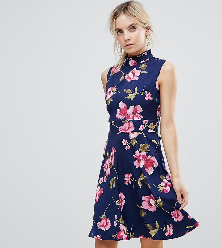 Uttam Boutique Petite Flower Print Frill Neck Dress-multi