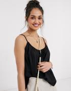 Asos Design Linen Cami With Scoop Neck And Tie Detail In Black-no Color