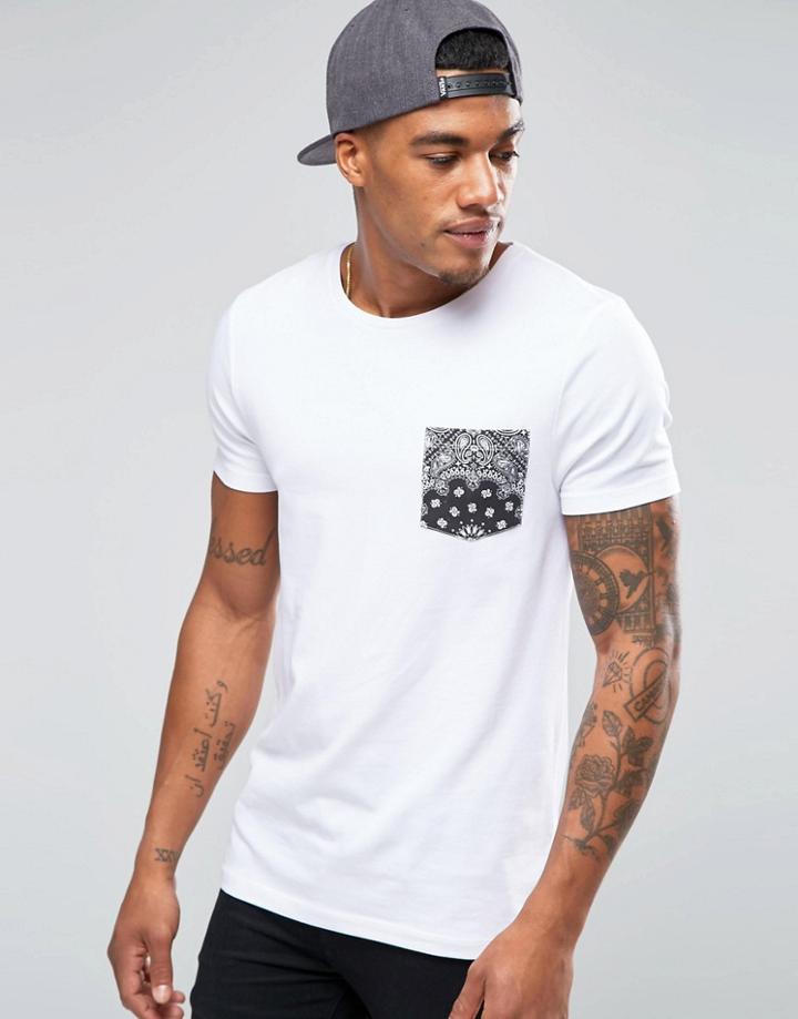 Asos Muscle T-shirt With Paisley Print Pocket - White