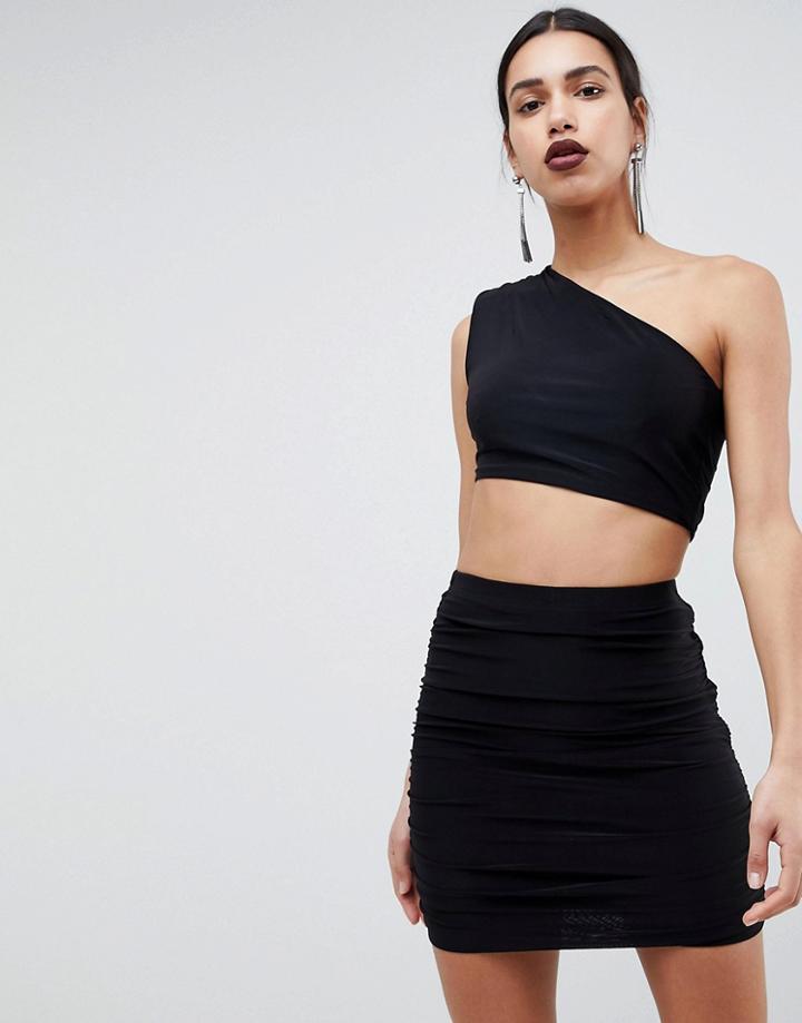 Club L One Shoulder Slinky Detailed Top - Black