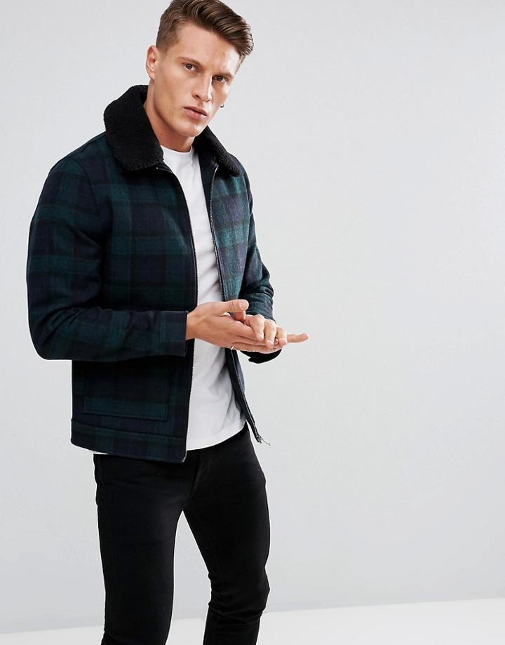 Stanley Adams Check Wool Aviator With Fleece Collar - Navy