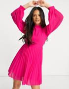 Asos Design High Neck Pleated Long Sleeve Skater Mini Dress In Hot Pink