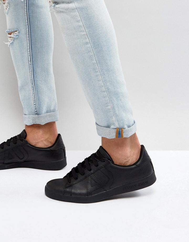 Armani Jeans Leather Logo Sneaker In Black - Black