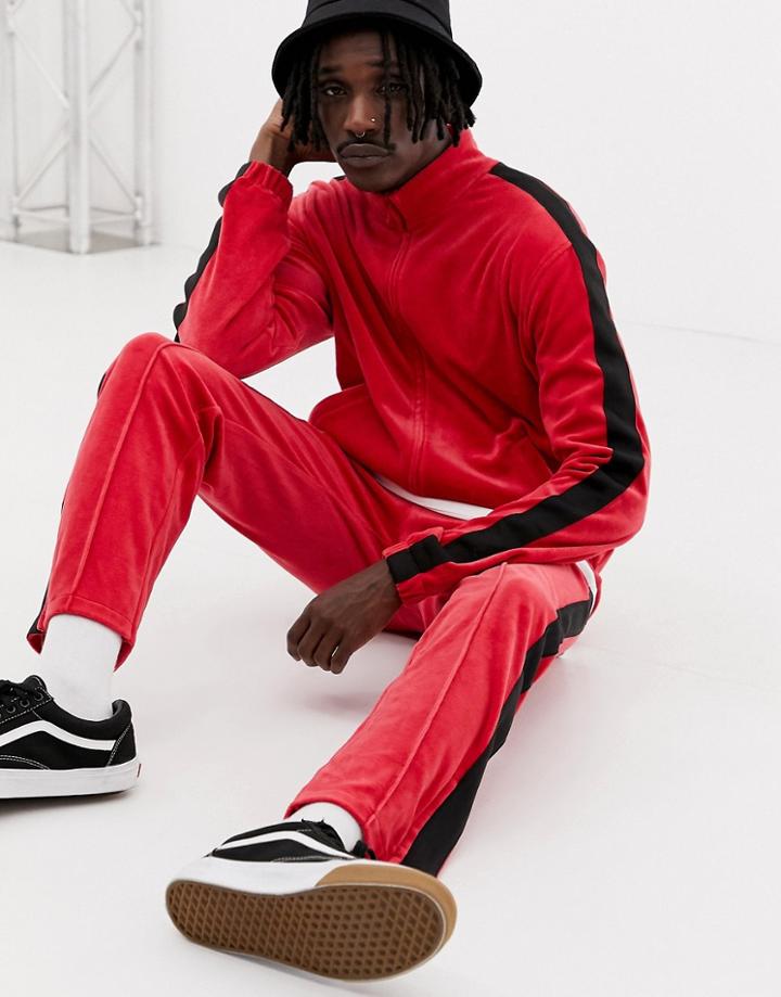 Weekday Track Velour Sweatshirt In Red - Red