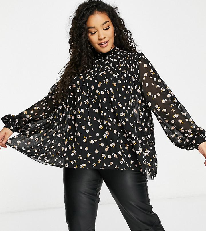 Asos Design Curve Long Sleeve Pleated Trapeze Top In Floral Print-red