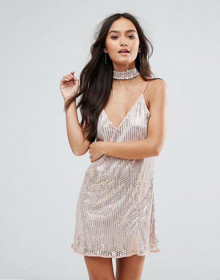 Love & Other Things Embellished Cami Dress With Choker Neck Detail-pink