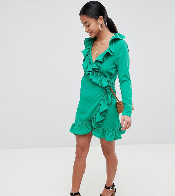 Boohoo Petite Wrap Front Frill Dress - Green