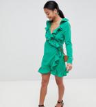 Boohoo Petite Wrap Front Frill Dress - Green