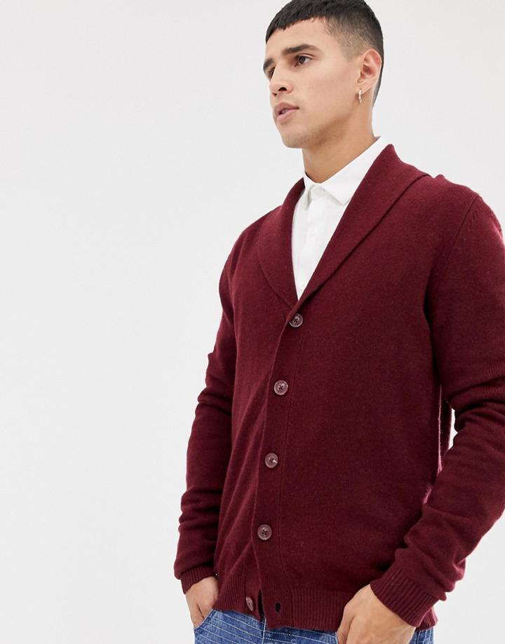 Asos Design Lambswool Shawl Cardigan In Burgundy - Red