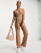 Miss Selfridge Wrap Front Jumpsuit With Long Sleeves In Camel-brown