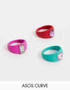 Asos Design Curve Exclusive Pack Of 3 Rings In Color Pop Design With Jewels - Multi
