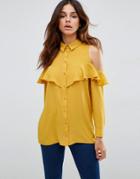 Asos Cold Shoulder Blouse With Ruffle - Mustard